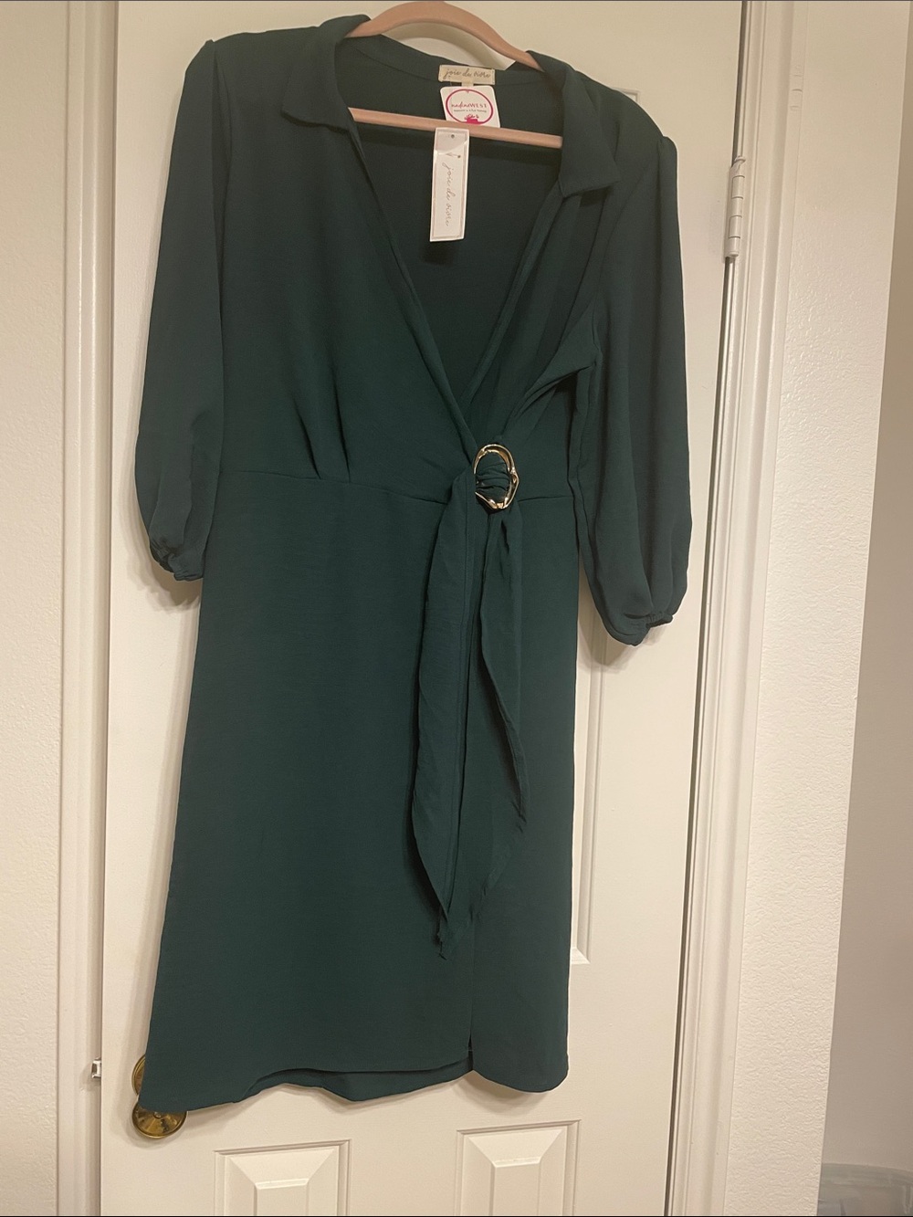 Joie de Vivre Elegant Forest Green Wrap Dress with Buckle Tie Sz L.